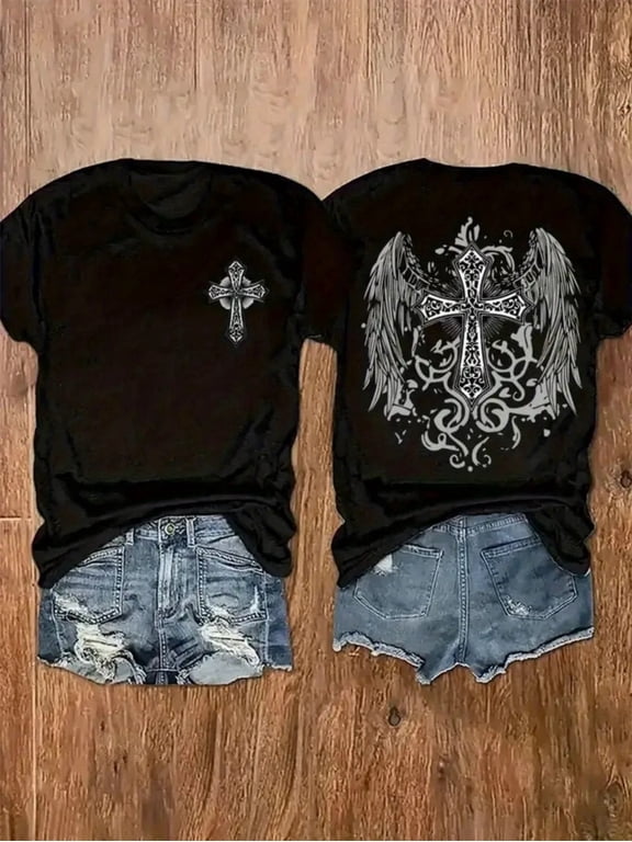 Men's Gothic Angel Wing Cross Graphic T-Shirt