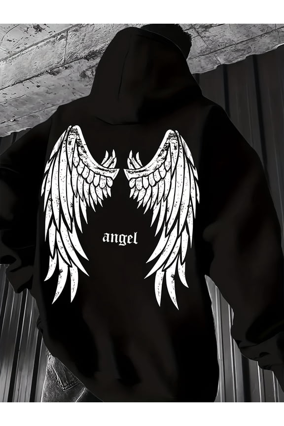 Men's Gothic Angel Wings Back Print Hooded Sweatshirt - Black & White Wing Design with Angel Lettering, Long Sleeve Pullover, Machine Washable