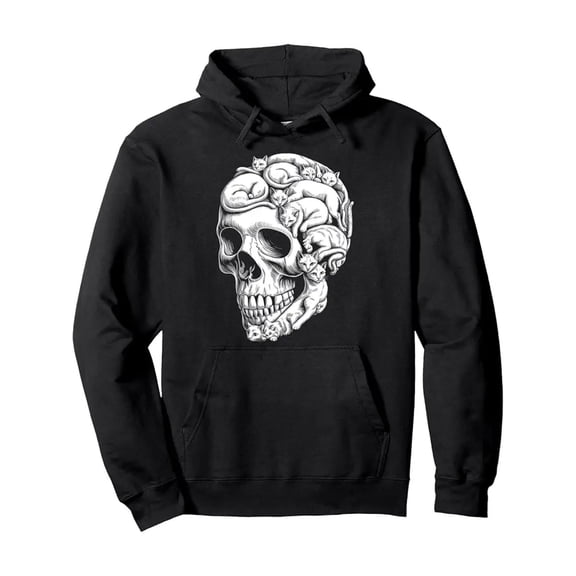 Men's Gothic Cat Skull & Kitty Skeleton Hooded Hoodie - Black & White Gothic Cat-Eye Print with Paw & Bone Motifs, Skull & Cat Ears Design, Relaxed Fit Pullover Sweatshirt, Machine Washable All-Seaso