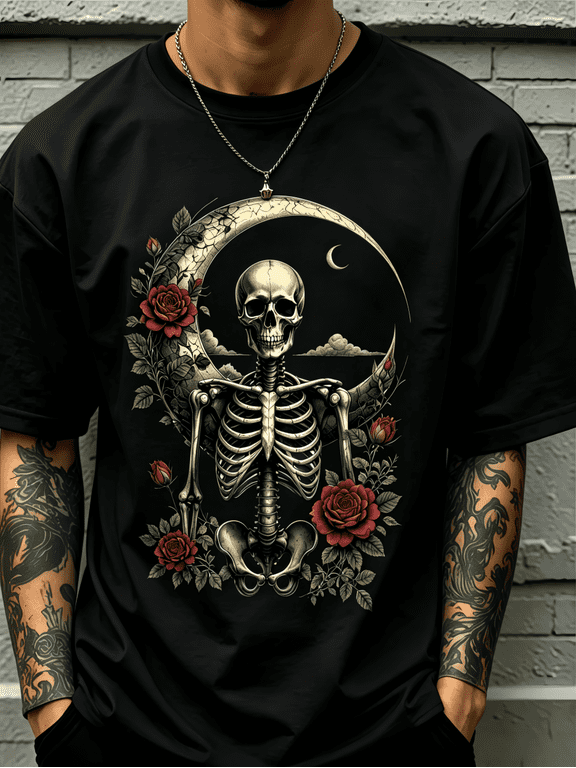 Men's Gothic Crescent Moon Skeleton Red Rose Graphic T-Shirt, Vintage Dark Floral Skull Short Sleeve Crew Neck Casual Tee