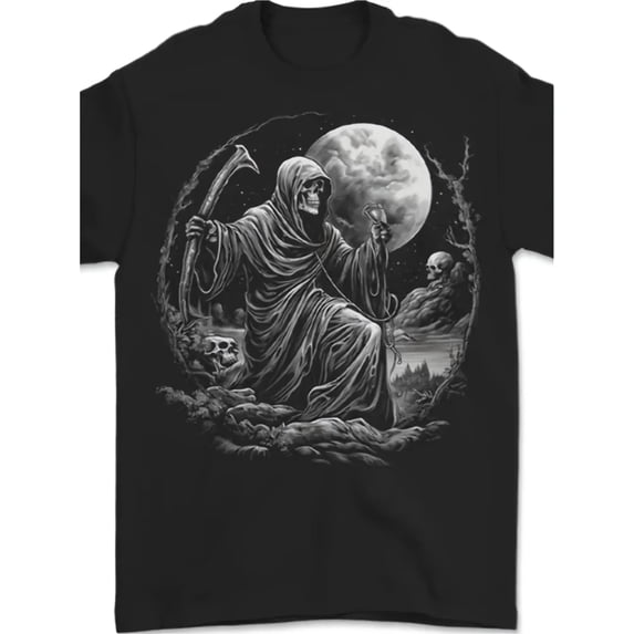 Men's Gothic Dark Grim Reaper Skeleton Moon Graphic T-Shirt