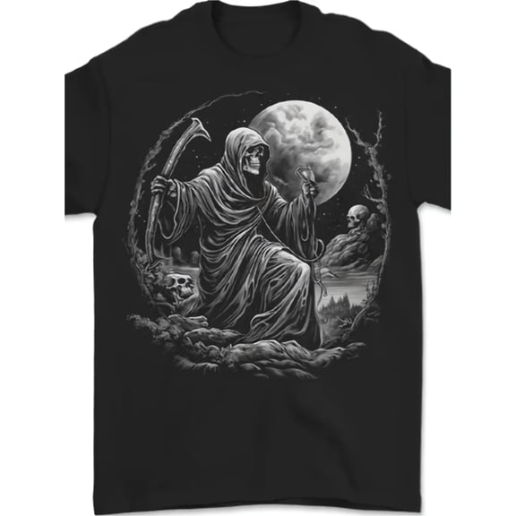 Men's Gothic Dark Grim Reaper Skeleton Moon Graphic T-Shirt