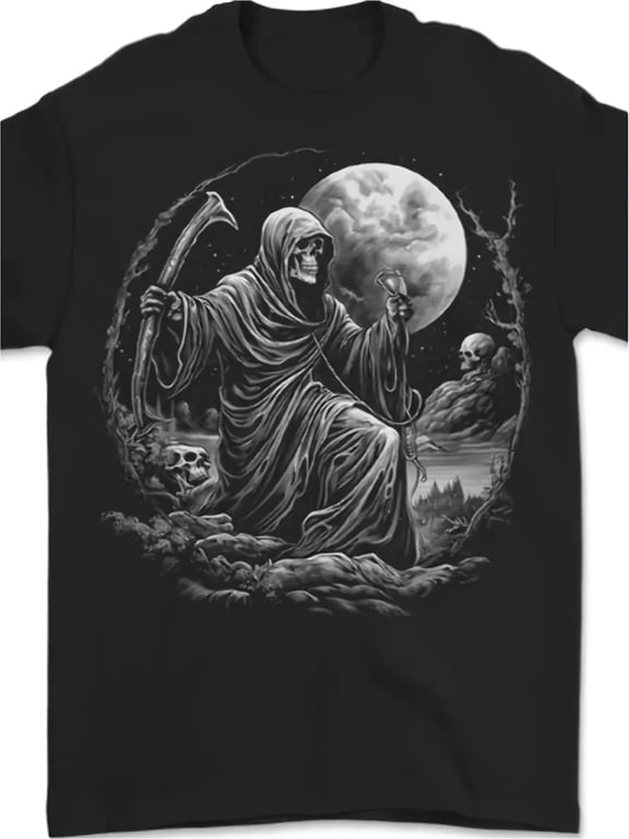 Men's Gothic Dark Grim Reaper Skeleton Moon Graphic T-Shirt