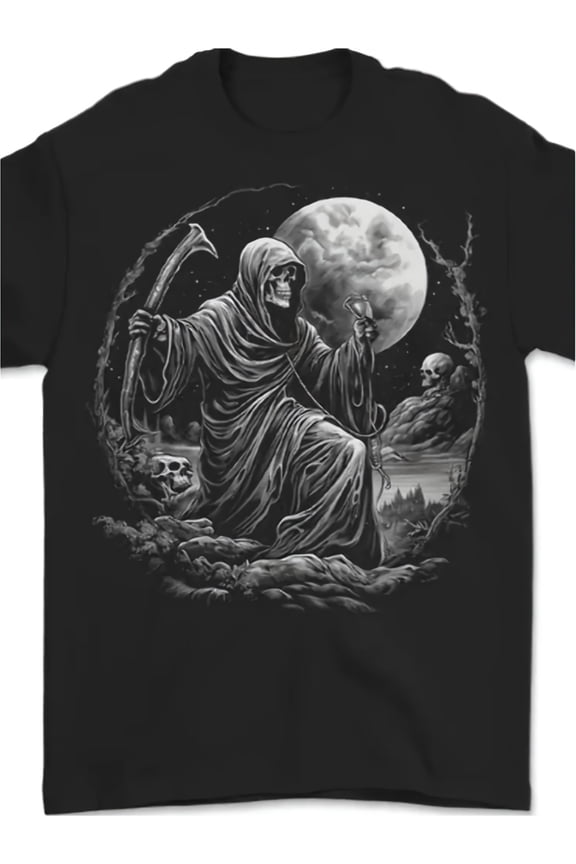 Men's Gothic Dark Grim Reaper Skeleton Moon Graphic T-Shirt