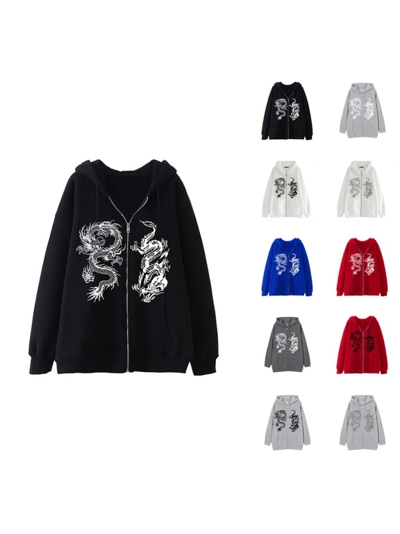 Men's Gothic Dragon Print Zip Up Hoodie Sweatshirt Long Sleeve Crewneck Oversized 90s Punk Streetwear Jacket