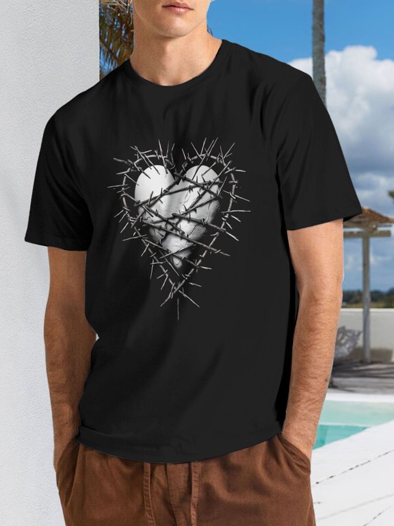 Men's Gothic Edgy Graphic Barbed Wire Heart Short Sleeve T-Shirt