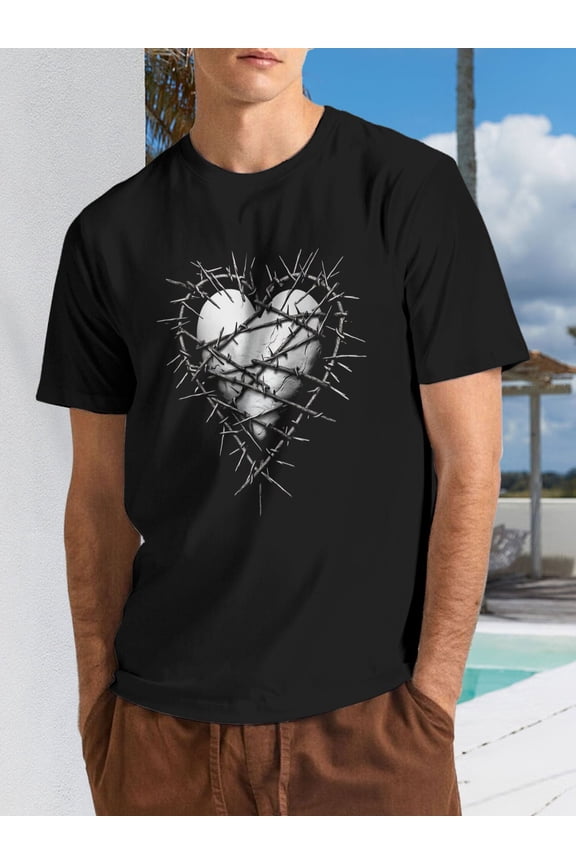 Men's Gothic Edgy Graphic Barbed Wire Heart Short Sleeve T-Shirt