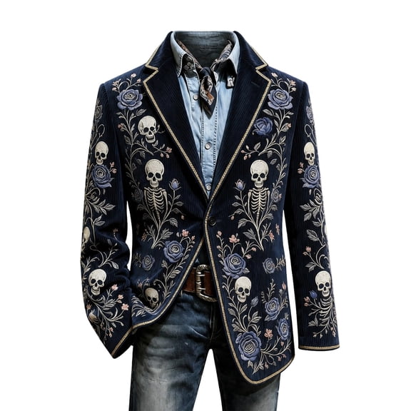 Men's Gothic Embroidered Suit Jacket With Notched Lapel Rose Motif Button Front Western Party Coat for Halloween Cosplay Outdoor Casual Winter Wear