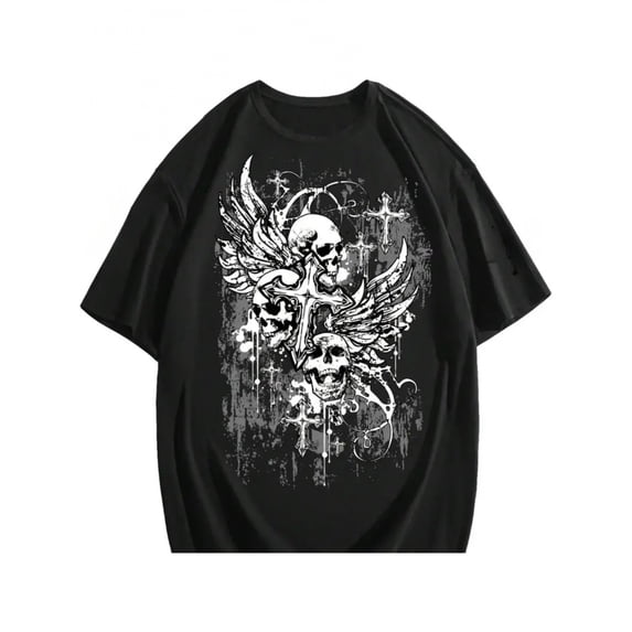Men's Gothic Grunge Skull Cross Wings Graphic T-Shirt