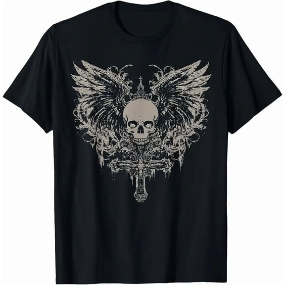 Men's Gothic Grunge Skull Wings Cross Graphic T-Shirt