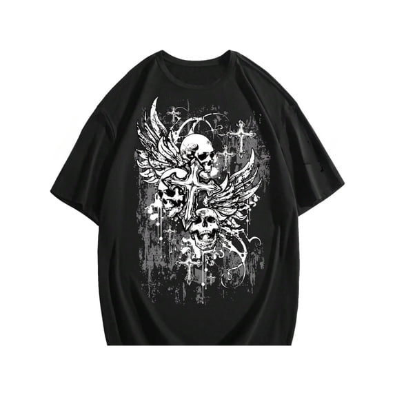 Men's Gothic Grunge Winged Skull Cross Graphic T-Shirt