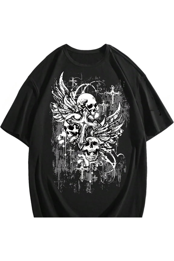 Men's Gothic Grunge Winged Skull Cross Graphic T-Shirt