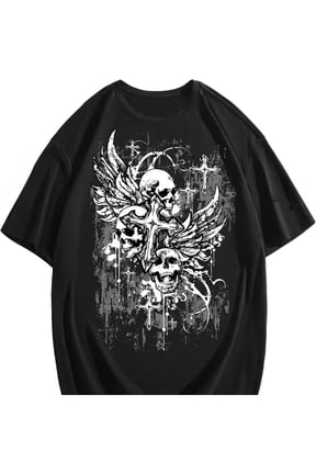 Men's Gothic Grunge Winged Skull Cross Graphic T-Shirt