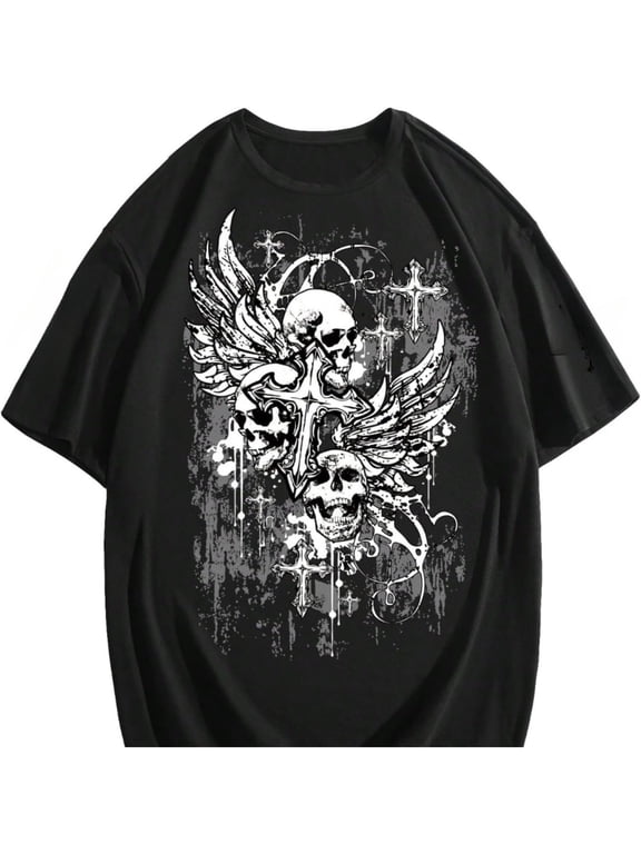 Men's Gothic Grunge Winged Skull Cross Graphic T-Shirt