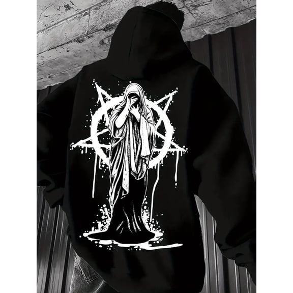 Men's Gothic Hooded Sweatshirt with Pentagram & Skull Print - Hip-Hop Streetwear Pullover, Black & White Casual Winter Sweater, Machine Washable Hoodie for Men, Geometric Pattern Long Sleeve