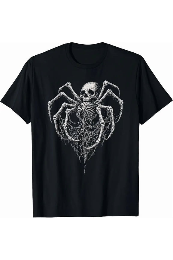 Men's Gothic Horror Skull Spider Web Graphic T-Shirt