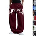 thumbnail image 1 of Men's Gothic Letter Graphic Wide Leg Sweatpants Elastic Waist Drawstring Loose Fit Hip Hop Street Casual Baggy Trousers for Everyday Outfit Wine 2XL, 1 of 5
