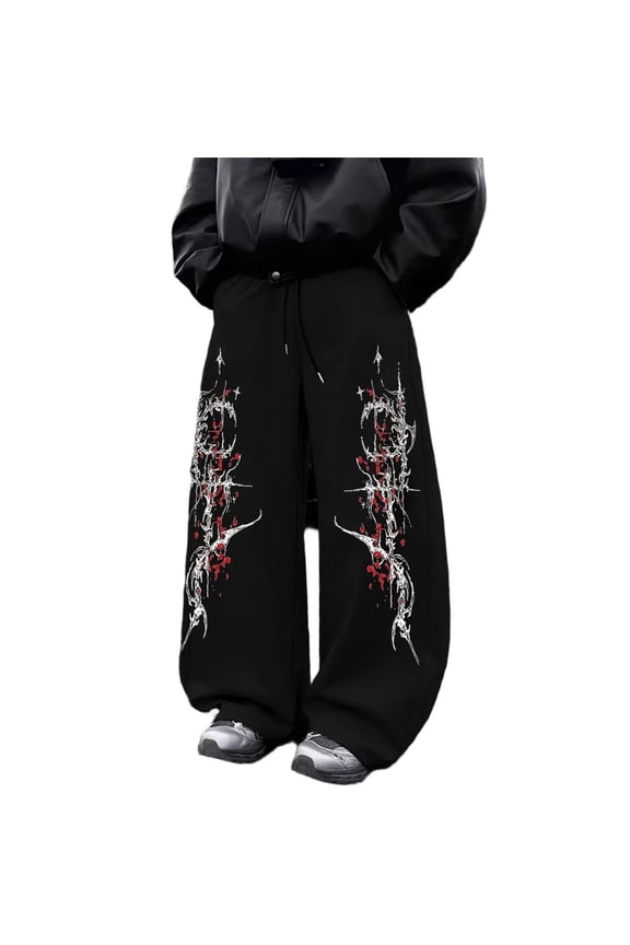 Men's Gothic Metal Font Print Baggy Gothic Sweatpants Y2k Pants Mens Goth Graphic Pants Streetwear Loose Wide Leg Casual Lounge Pants for Hip Hop Daily Wear
