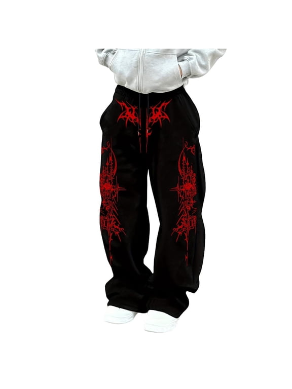 Men's Gothic Metal Font Print Baggy Gothic Sweatpants Y2k Pants Mens Goth Graphic Pants Streetwear Loose Wide Leg Casual Lounge Pants for Hip Hop Daily Wear