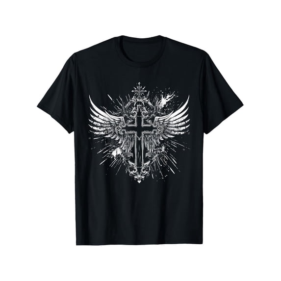 Men's Gothic Ornate Winged Cross Graphic T-Shirt
