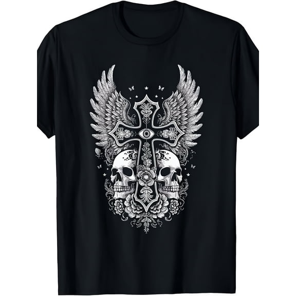 Men's Gothic Ornate Winged Skull Cross Graphic T-Shirt