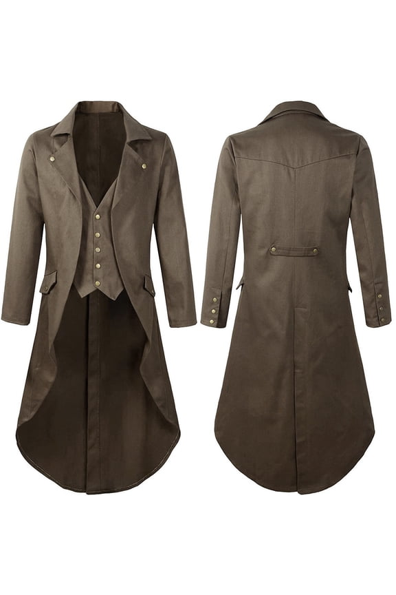 Men's Gothic Outerwear Coats Steampunk Vintage Tailcoat Jacket Solid Color Long Sleeve Lapel Frock Coat Coffee XXXL