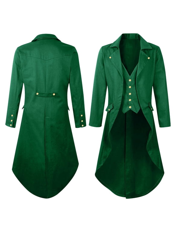 Men's Gothic Outerwear Coats Steampunk Vintage Tailcoat Jacket Solid Color Long Sleeve Lapel Frock Coat Green S