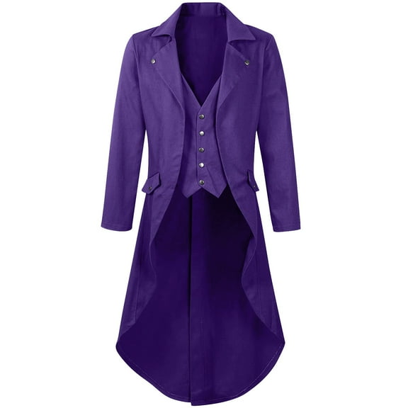 Men's Gothic Outerwear Coats Steampunk Vintage Tailcoat Jacket Solid Color Long Sleeve Lapel Frock Coat Purple XL