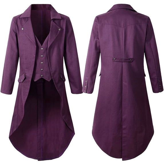 Husipze Men's Gothic Outerwear Coats Steampunk Vintage Tailcoat Jacket Solid Color Long Sleeve Lapel Frock Coat Purple XXXL