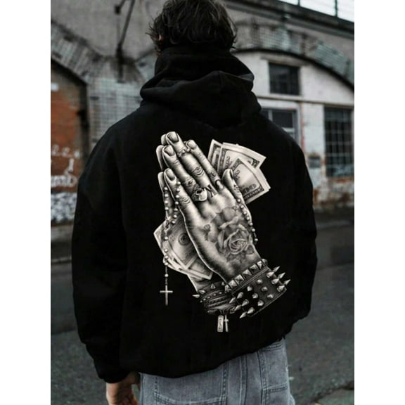Men's Gothic Punk Streetwear Hoodie – Dark Aesthetic Praying Hands Money Graphic, Halloween & Christmas Sweatshirt, Fall
