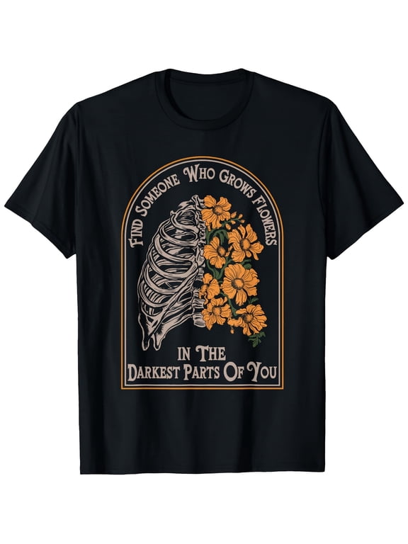 Men's Gothic Skeleton Floral Ribcage Graphic T-Shirt