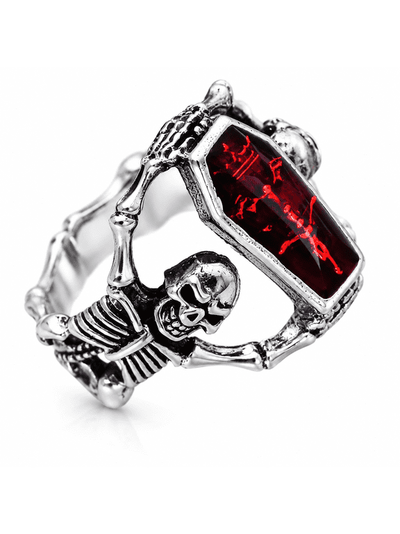 Men's Gothic Skull Coffin Ring, Red Stone Halloween Statement Ring