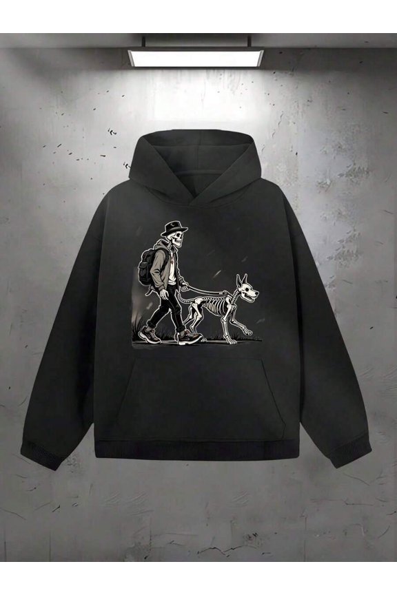 Men's Gothic Skull And Dog Pattern Hoodie - Suitable For Urban Enthusiasts As Birthday/Holiday Gift, Casual Winter Wear, Suitable For Daily Commuting, Suitable For Dates, Movie Watching, Beach,