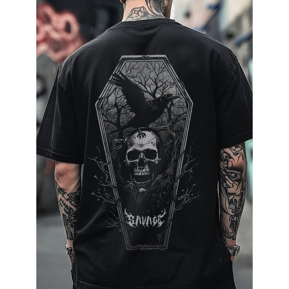 Men's Gothic Skull Raven Coffin Savage Graphic T-Shirt