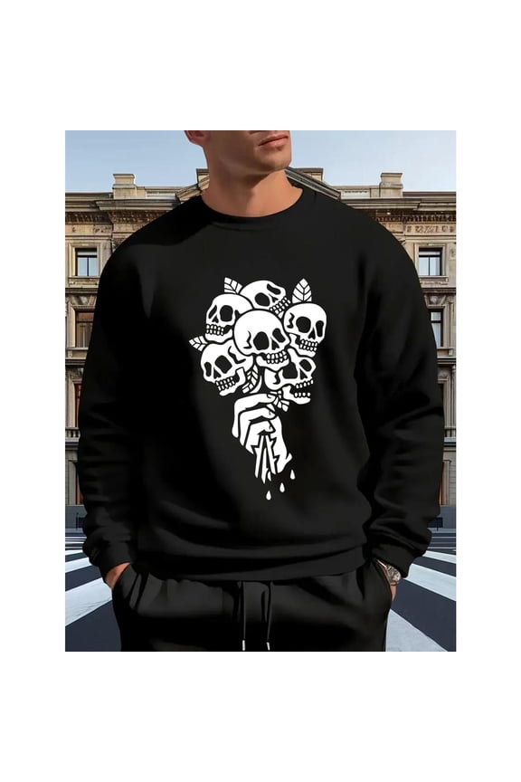 Men's Gothic Skull & Rose Graphic Sweatshirt, Loose Fit Pullover, Gothic Clothing, Halloween, Christmas Top,Crew neck,Classic,cotton,black,S-3XL