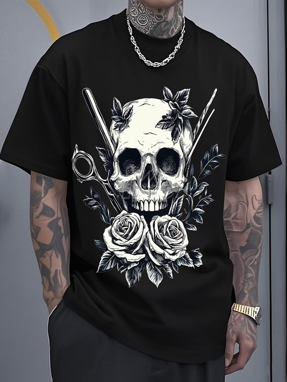 Men's Gothic Skull Roses Barber Graphic T-Shirt