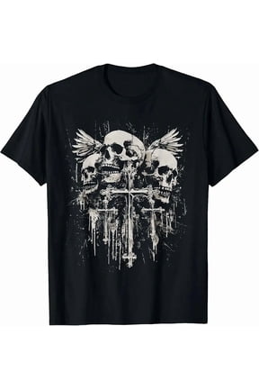 Men's Gothic Skull Wings Cross Distressed Graphic T-Shirt