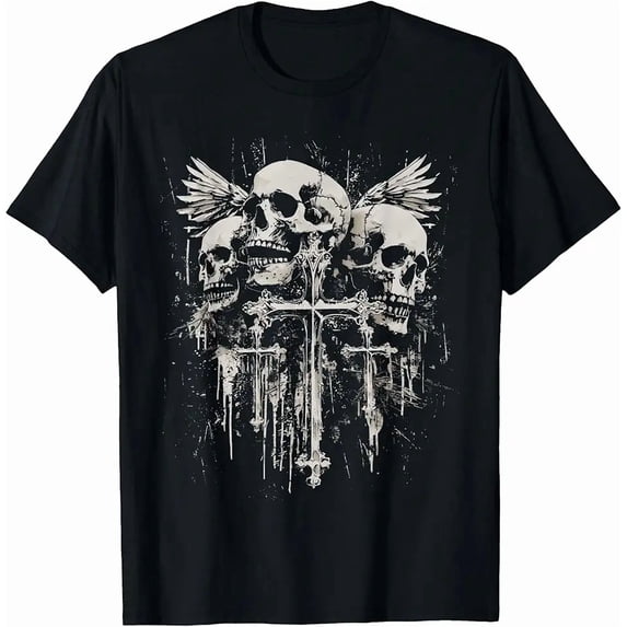 Men's Gothic Skull Wings Cross Distressed Graphic T-Shirt