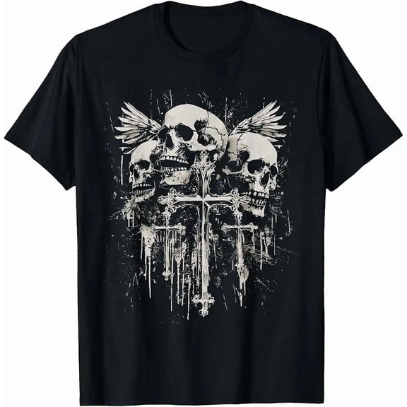 Men's Gothic Skull Wings Cross Distressed Graphic T-Shirt