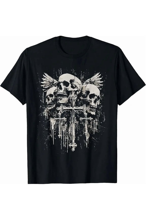Men's Gothic Skull Wings Cross Distressed Graphic T-Shirt