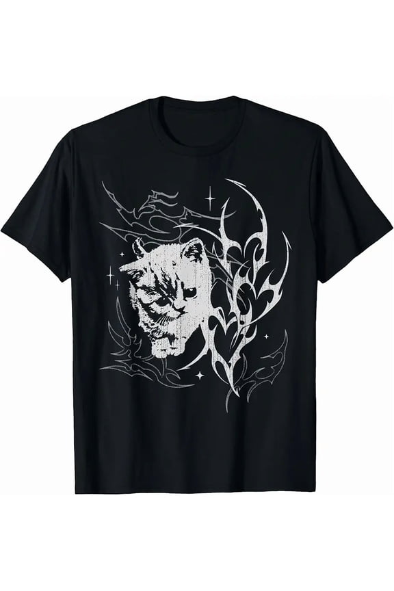 Men's Gothic Tribal Kitten Cat Y2K Punk Grunge Graphic T-Shirt