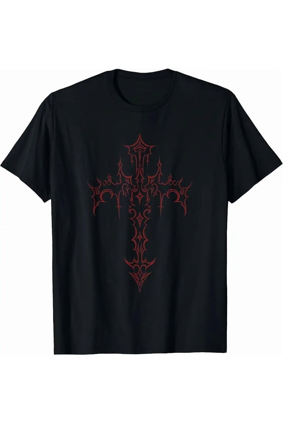 Men's Gothic Tribal Ornate Red Cross Graphic Cotton T-Shirt
