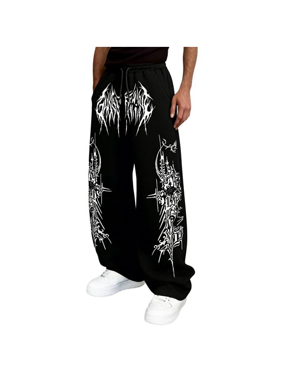 Men's Gothic Tribal Print Baggy Sweatpants, Elastic Waist Drawstring Wide Leg Casual Joggers