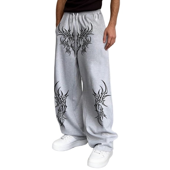 Men's Gothic Tribal Print Baggy Sweatpants, Elastic Waist Drawstring Wide Leg Casual Joggers