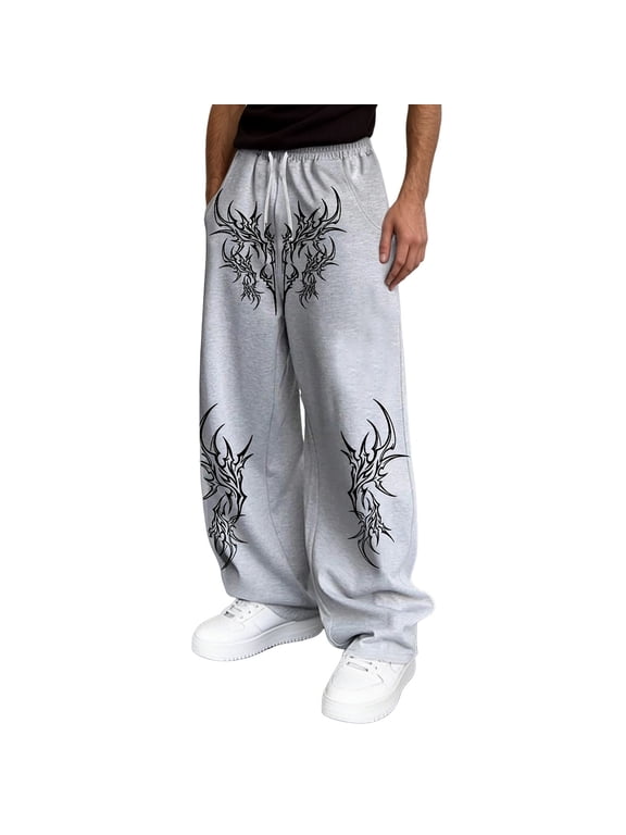 Men's Gothic Tribal Print Baggy Sweatpants, Elastic Waist Drawstring Wide Leg Casual Joggers