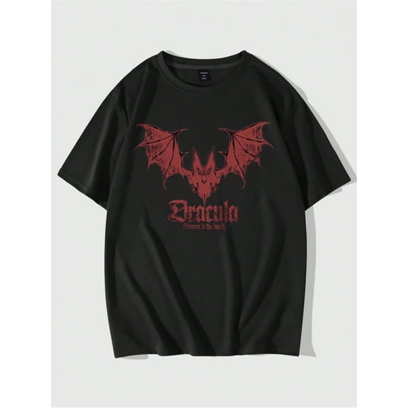 Men's Gothic Vampire Bat Graphic Print Black T-Shirt