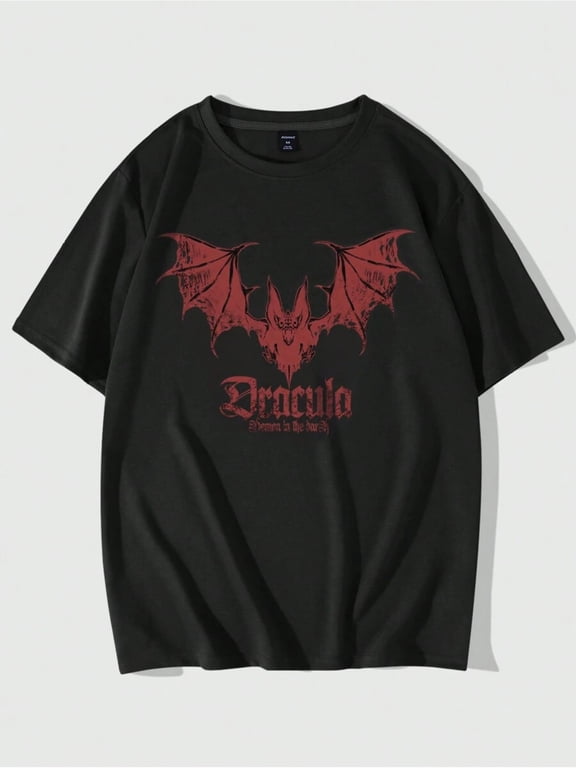 Men's Gothic Vampire Bat Graphic Print Black T-Shirt
