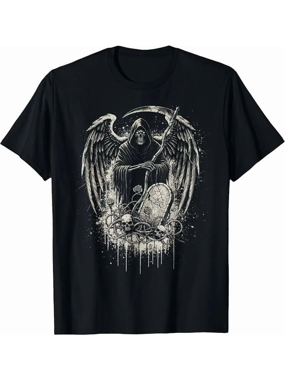 Men's Gothic Winged Grim Reaper Scythe Graphic T-Shirt