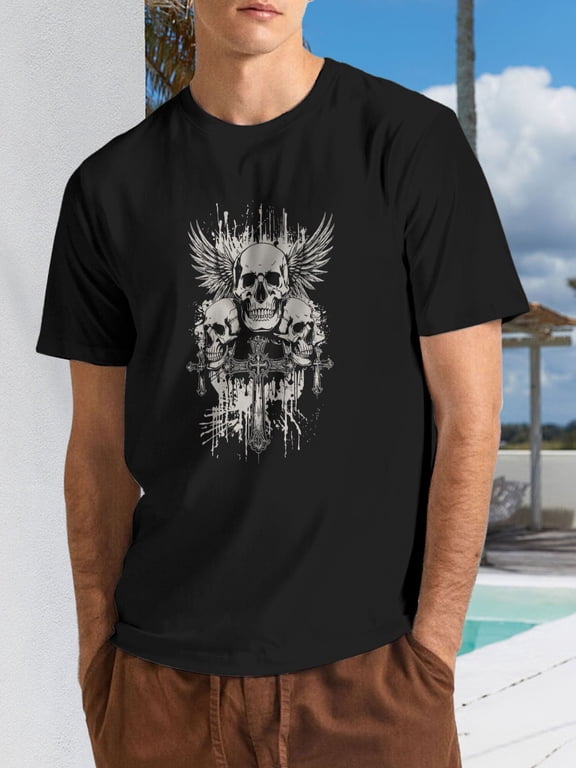 Men's Gothic Winged Skull Cross Graphic Dark Art T-Shirt