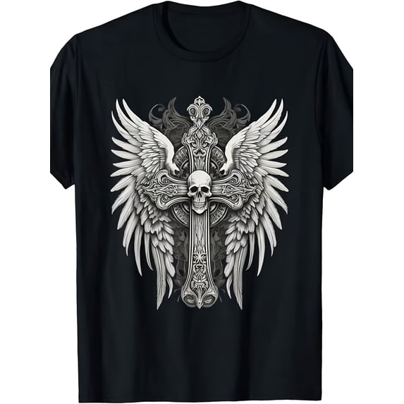 Men's Gothic Winged Skull Ornate Cross Graphic Cotton T-Shirt